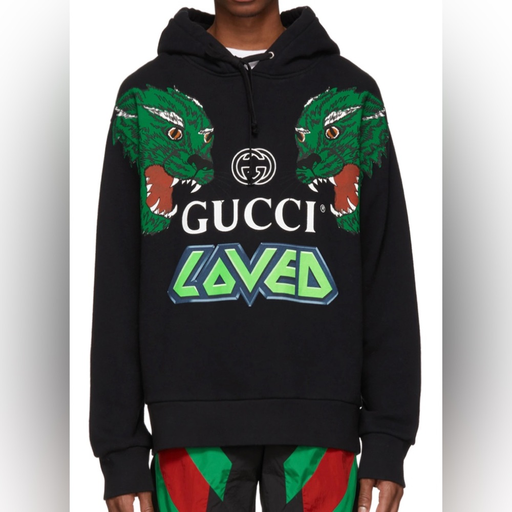 Gucci Mens Tiger Print Hooded Sweatshrt Black Sz L - Picture 2 of 11